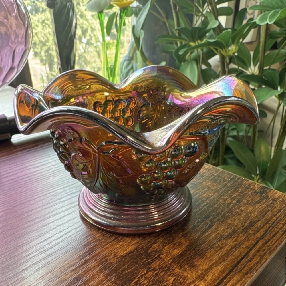 Vintage Imperial Carnival Glass Marigold Ruffle Bowl Featuring a Grape Design